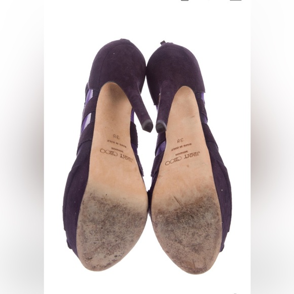 EUC JIMMY CHOO Plum suede Jimmy Choo peep-toe booties with mesh trim, zip back. - Picture 5 of 5